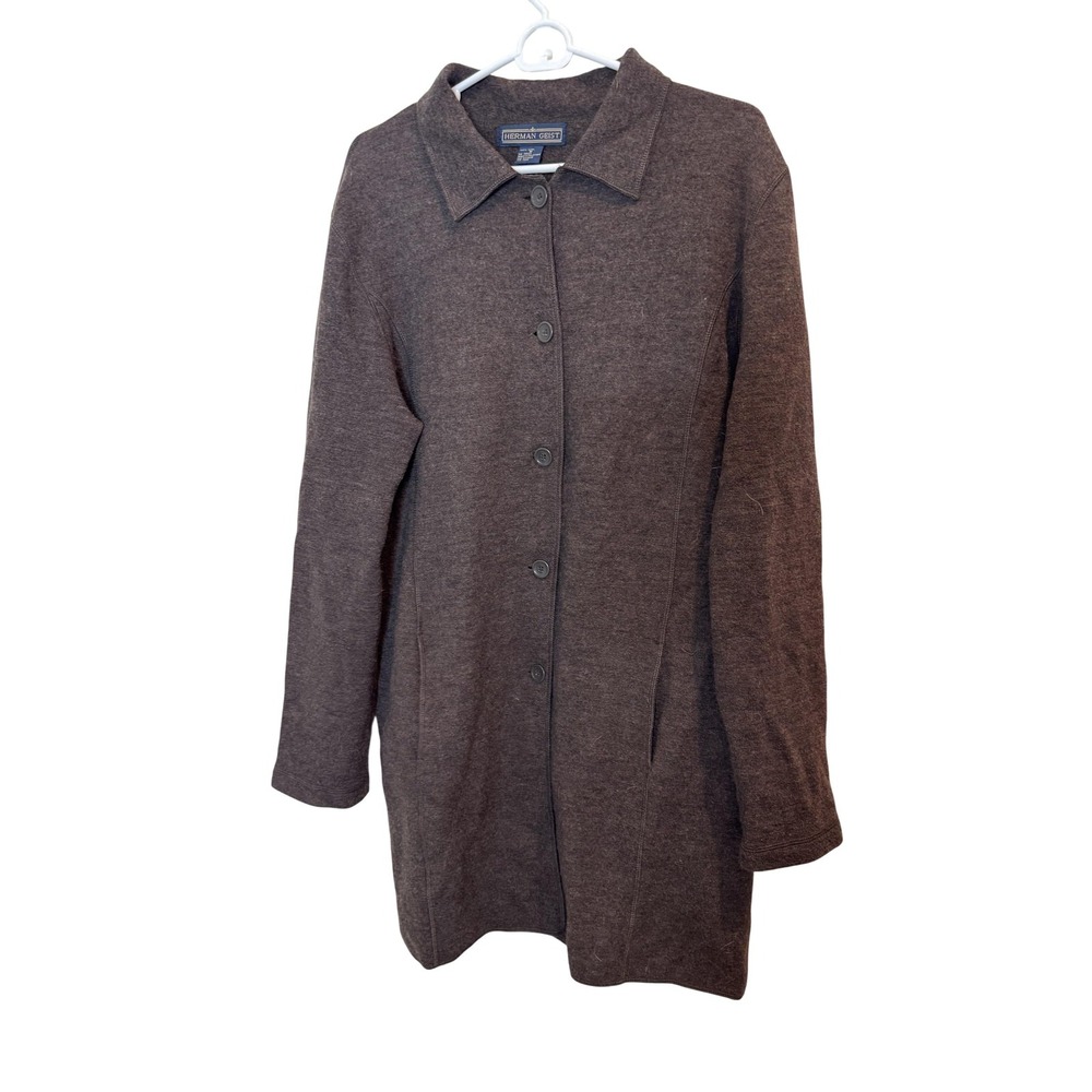 Herman Geist Coat Womens Medium Brown Wool Knit Overcoat Collared Button‎ Front